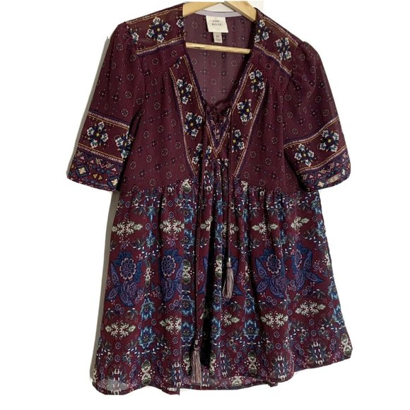 Knox Rose Purple Floral Boho Tasseled Peasant Top - Picture 1 of 4